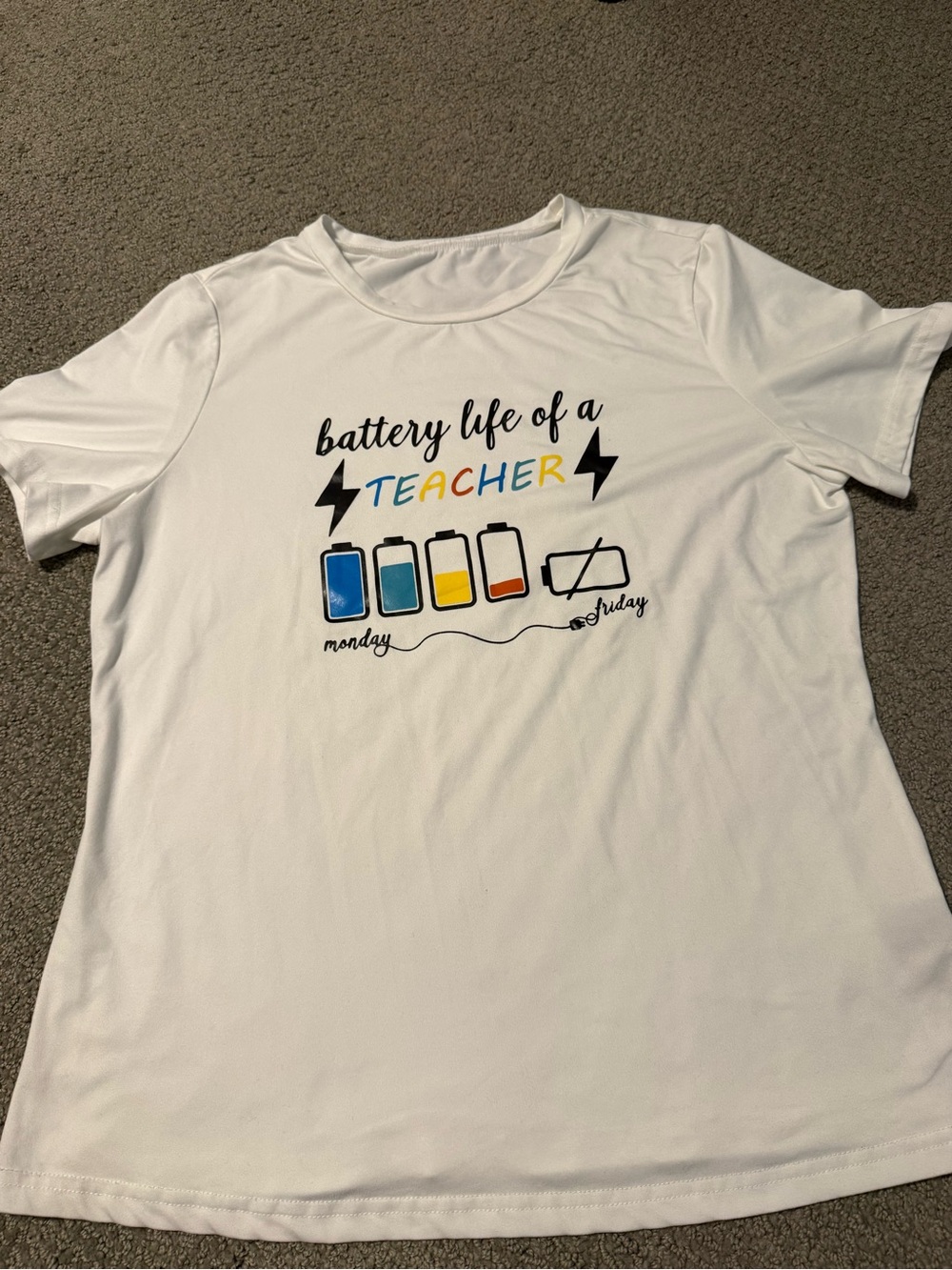 SHEIN White Graphic 'Battery Life of a Teacher' Tee with Multicolor Icons